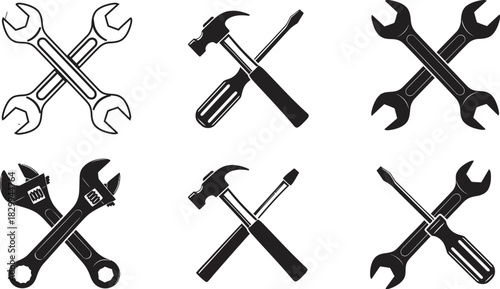 Classic crossed hand tool collection with wrenches, hammer and screwdriver, representing repair, maintenance, construction, and service. Vector