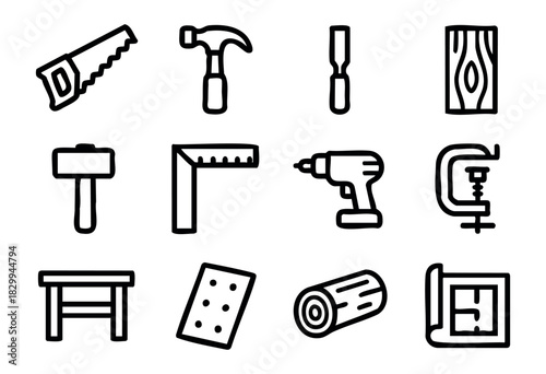 Set of carpentry icons in bold-line style: saw, hammer, chisel, wood plank, mallet, ruler, drill, clamp, workbench, sandpaper, log, blueprint.