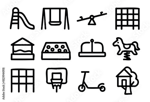 Set of playground icons in bold-line style: slide, swing, seesaw, climbing grid, sandbox, ball pit, carousel, spring horse, basketball hoop, scooter, treehouse.