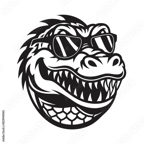 A grinning alligator with sunglasses shows its sharp teeth in black and white