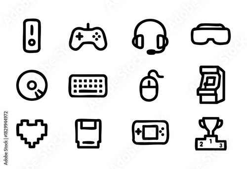 Set of video game icons in bold-line style: console, joystick, headset, VR goggles, disc, keyboard, mouse, arcade machine, pixel heart, floppy disk, handheld console, score list.