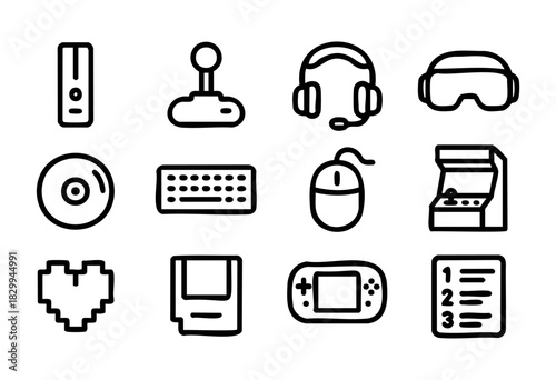Set of video game icons in bold-line style: console, joystick, headset, VR goggles, disc, keyboard, mouse, arcade machine, pixel heart, floppy disk, handheld console, score list.