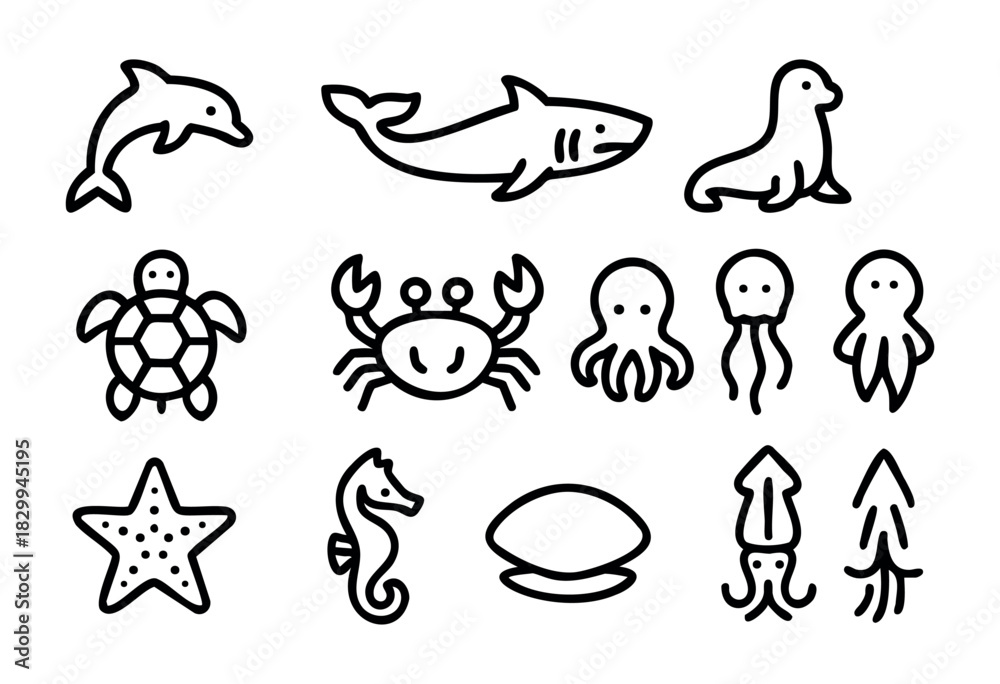 Fototapeta premium Set of sea creature icons in bold-line style: dolphin, shark, seal, turtle, crab, octopus, jellyfish, starfish, seahorse, clam, squid.