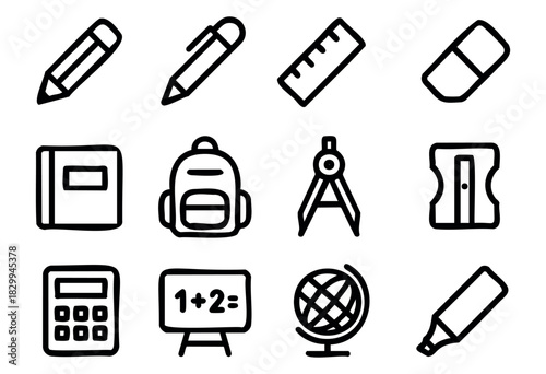 Set of school icons in bold-line style: pencil, pen, ruler, eraser, notebook, backpack, compass, sharpener, calculator, blackboard, globe, marker.