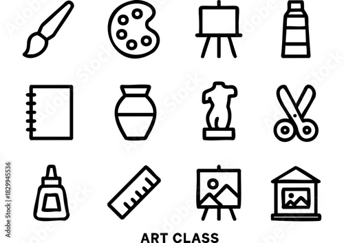 Art Class line icons — painting, sculpting, and crafting supplies for creative lessons — stock vector.
