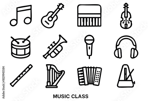 Music Class line icons — various musical instruments and symbols for lessons and orchestra — stock vector.