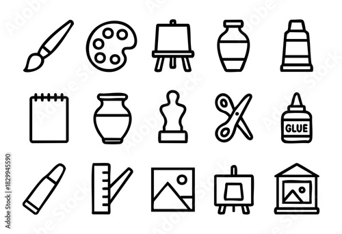 Art Class line icons — painting, sculpting, and crafting supplies for creative lessons — stock vector.