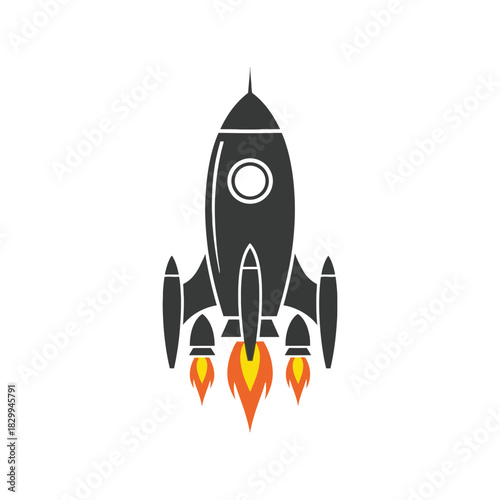 A sleek black rocket ship taking off with bright orange flames