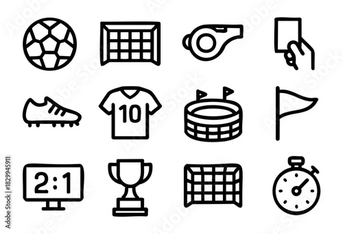 Soccer line icons — football game equipment, referee signals, and championship symbols — stock vector.