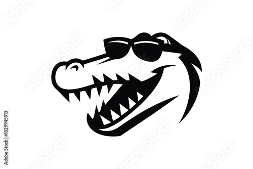 Alligator head shows menacing teeth while wearing sunglasses, creating a bold design