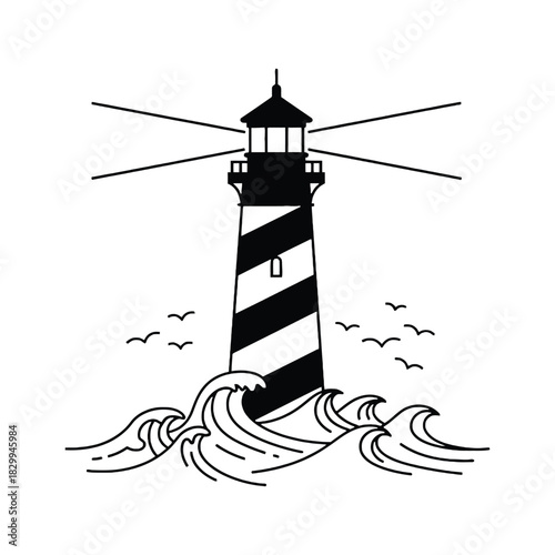 A simple black and white illustration of a lighthouse on stormy seas