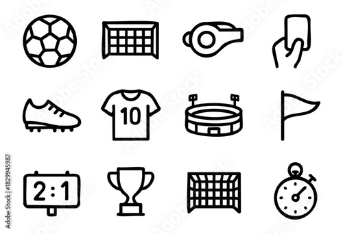 Soccer line icons — football game equipment, referee signals, and championship symbols — stock vector.