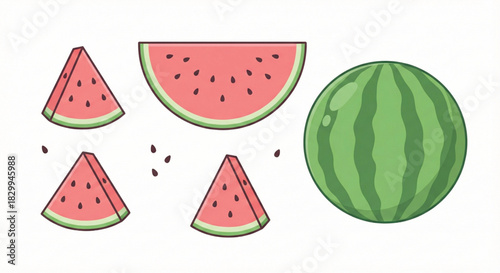 Watermelon set — whole melon, slice, triangle wedges, seeds.