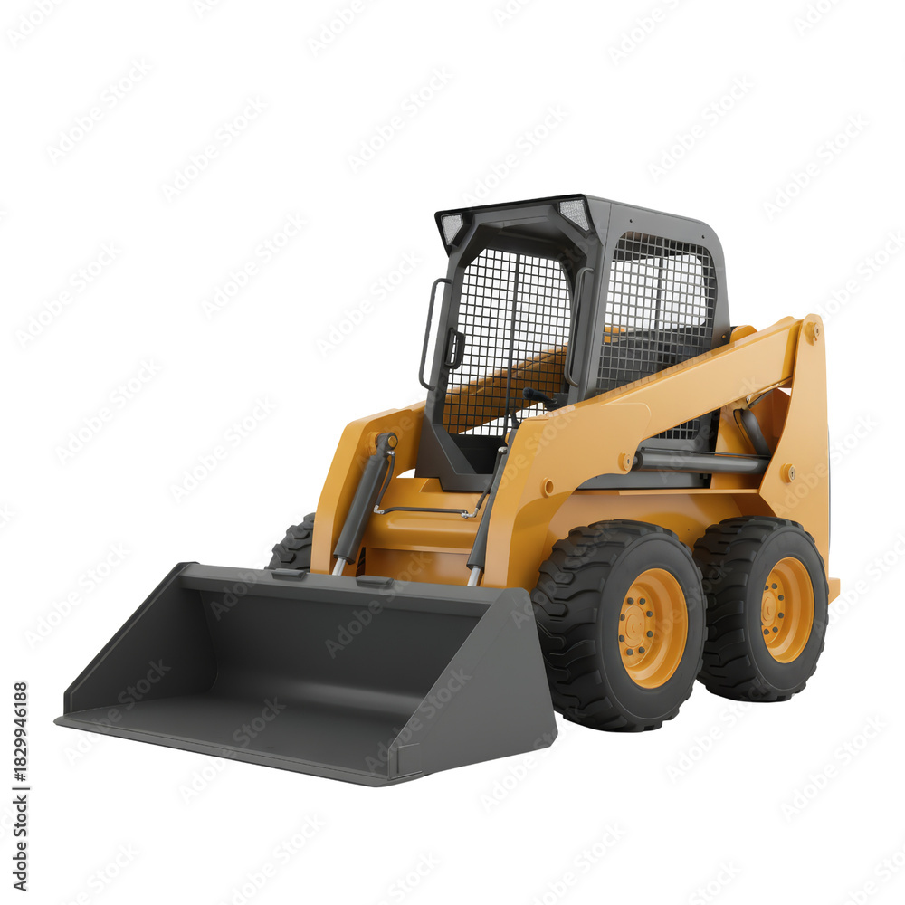 Fototapeta premium Isometric view of a modern skid steer loader, demonstrating robust engineering and strength