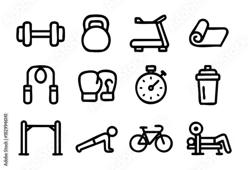Gym & Fitness line icons — workout equipment, exercise, and training symbols for a healthy lifestyle — stock vector.