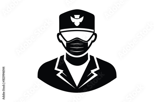 An abstract medic illustration presents an adult wearing a face mask and professional attire