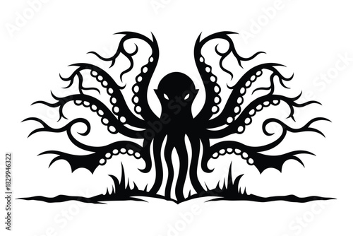 An imposing black octopus features elaborate tentacles and rests upon stylized seagrass in this design