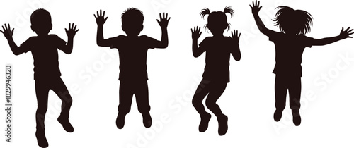Black vector silhouettes of happy children jumping with hands up isolated on white background for active lifestyle and fun.
