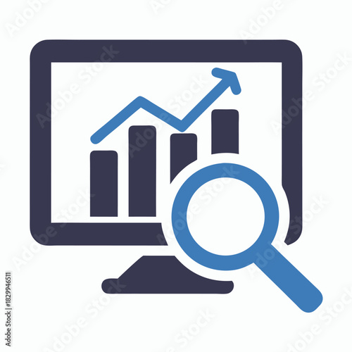 Analyzing financial growth on computer screen using a magnifying glass reveals positive upward trends