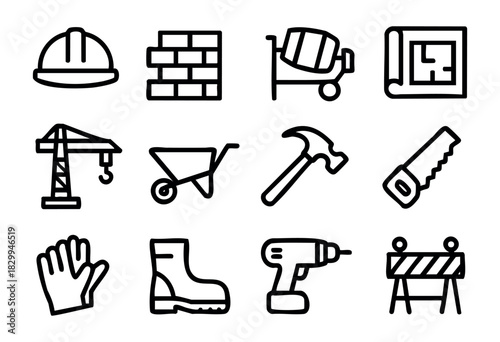 Construction line icons — building site tools, machinery, and safety equipment — stock vector.