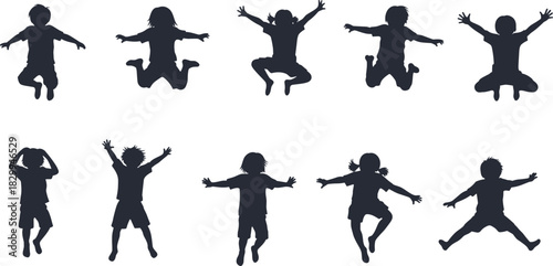 Set of vector silhouettes featuring happy children jumping and playing with hands up for active lifestyle and childhood fun.