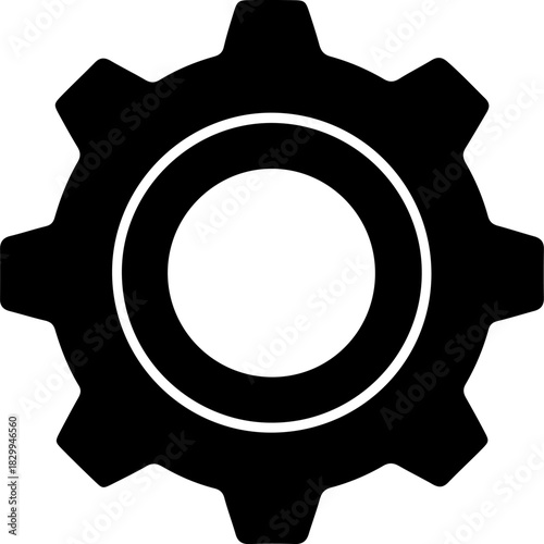 Black Silhouette Icon of a Mechanical Gear or Cogwheel, Representing Settings, Configuration, Engineering, Industrial Processes, and Operational Mechanisms