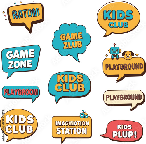 Collection of colorful cartoon speech bubbles with text featuring kids club game zone and playground for children activity design.