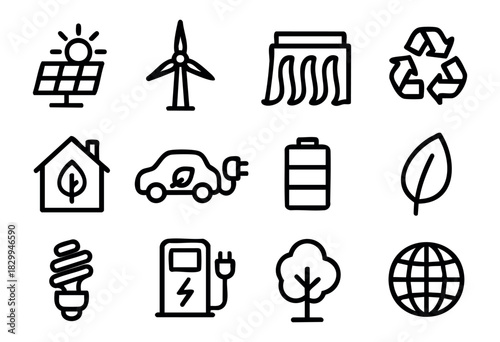 Green Energy & Ecology line icons — renewable power, sustainability, and environmental protection symbols — stock vector.