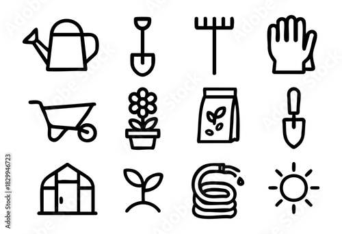 Gardening line icons — garden tools, planting equipment, and horticulture supplies — stock vector.