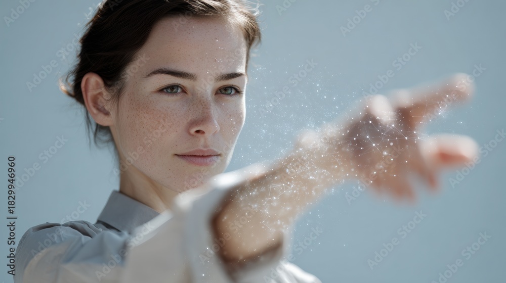 Obraz premium Close-up portrait of a young woman with freckles on her face. she is wearing a white blouse and her hair is pulled back in a bun. the background is a light blue color.