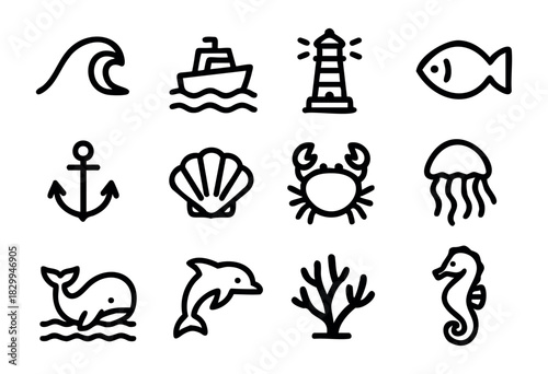 Marine & Sea Life line icons — ocean animals, nautical symbols, and underwater nature — stock vector.
