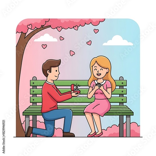 Romantic marriage proposal under a blooming tree with falling pink petals and hearts symbolizing love and commitment