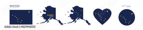 Alaska flag and map set. American state flags in official colors and proportions. January 3rd celebrations, maps, circles, and hearts of Alaska.