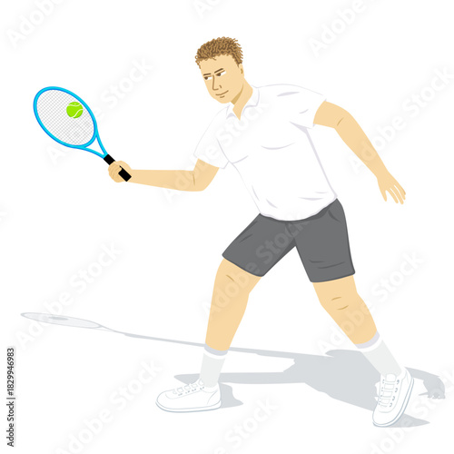 Tennis player hitting the ball with racket. Male athlete character 
