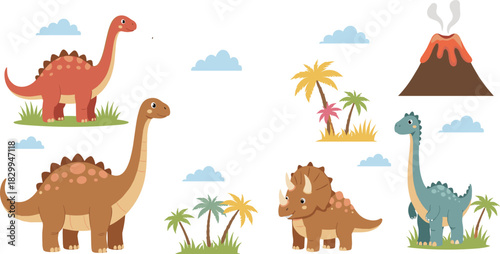 Vector illustration set of cute cartoon dinosaurs including Triceratops and Brachiosaurus with volcano and palm trees landscape elements