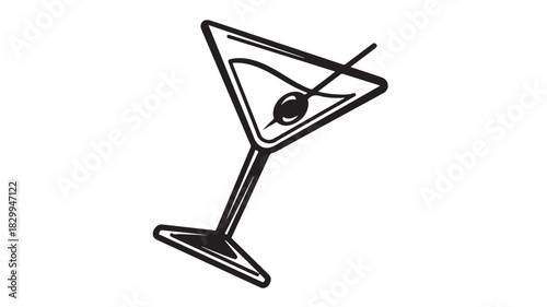 Martini glass with olive simple vector illustration in black and white isolated design element for bar menus and cocktail recipes