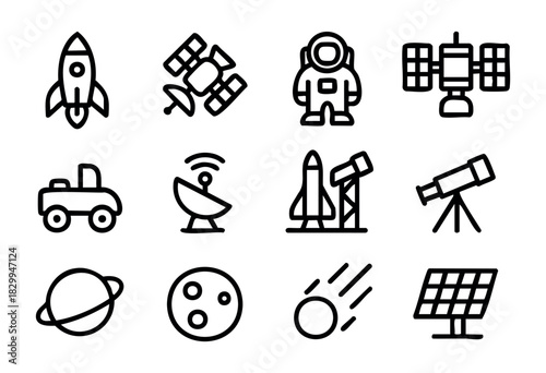 Space & Astronomy line icons — rocket, satellite, astronaut, and other space exploration symbols — stock vector.