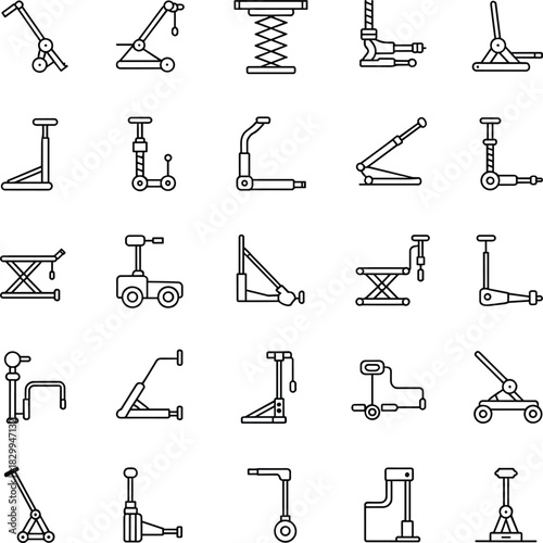 Automotive lifting jack icons, mechanical lift tool vector, hydraulic car jack illustration, line art garage equipment, vehicle repair symbol