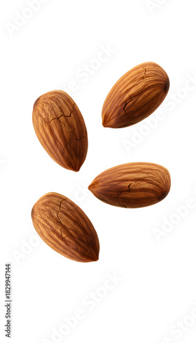 Almond nuts falling, healthy vegan snack ingredient, transparent background