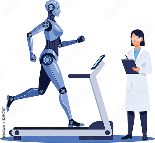 Female AI engineer inspecting humanoid robot Vector