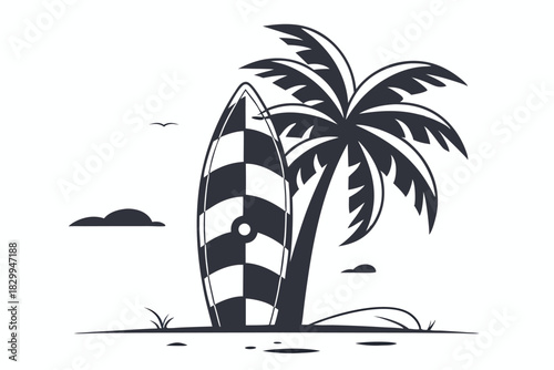 Black and white checkered surfboard stands beside a silhouette of a palm tree