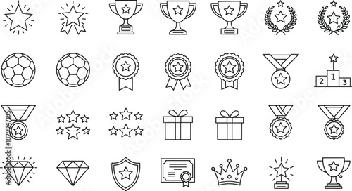 Award icons collection, trophy medal ribbon certificate star crown gift diamond badge, achievement reward vector line illustration for success