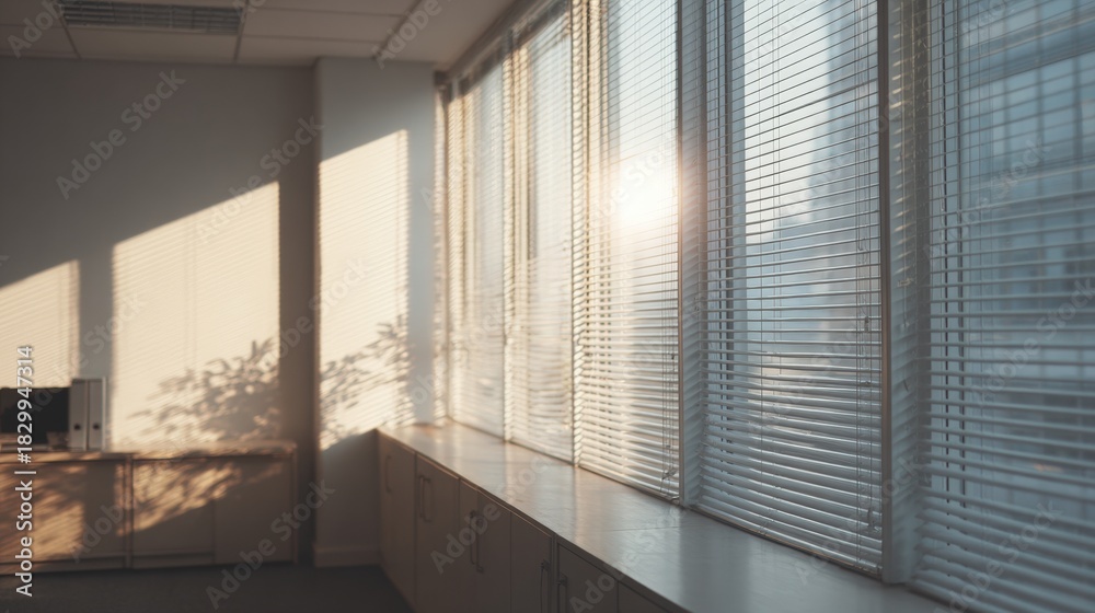 Obraz premium Long window with white vertical blinds. the blinds are closed and the sunlight is shining through them, creating a warm glow on the wall behind the window.