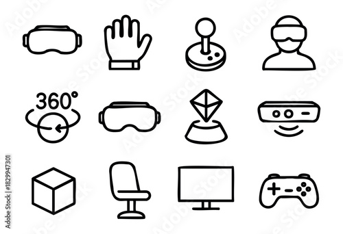 Virtual Reality doodle icons — VR headsets, controllers, and immersive gaming technology symbols — stock vector.