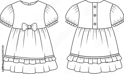 Baby girl dress flat sketch, cute puff sleeve dress, vector cad drawing, ruffle hem design, bow front clothing template
