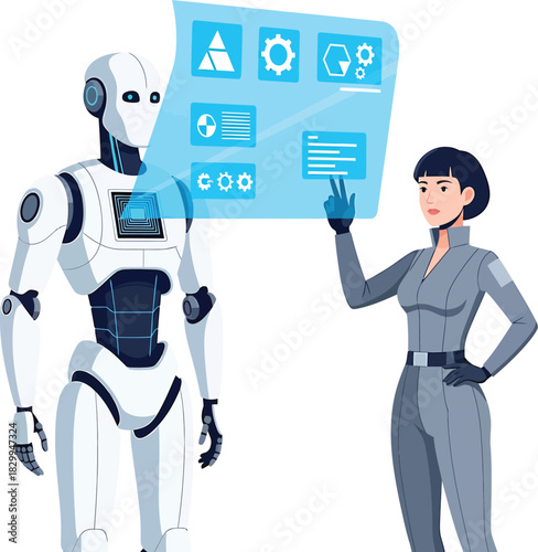 Female AI engineer inspecting humanoid robot Vector