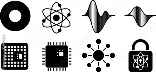 Black and White Icon Set Representing Quantum Computing and Advanced Physics Concepts Including Atom Structure, Waveforms, Microchips, Network Nodes, and Secure Encryption