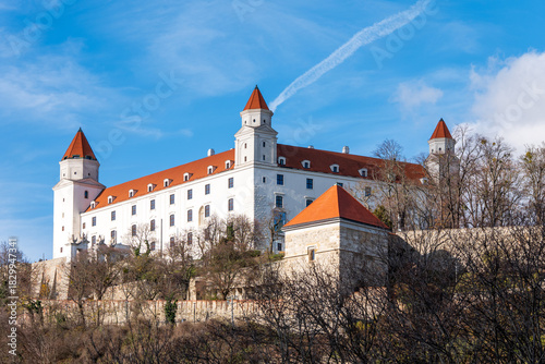 Photography Bratislava Castle on a sunny day, historic landmark overlooking the city