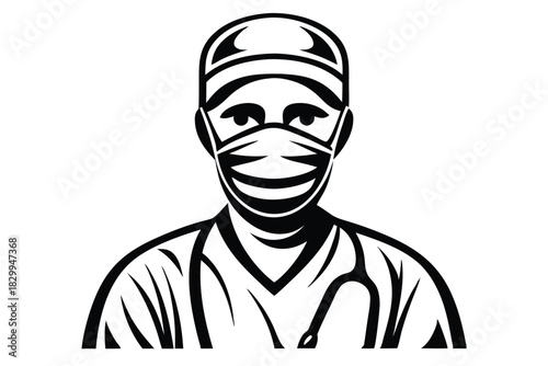 Black and white shows a doctor wearing a cap and face mask looking forward