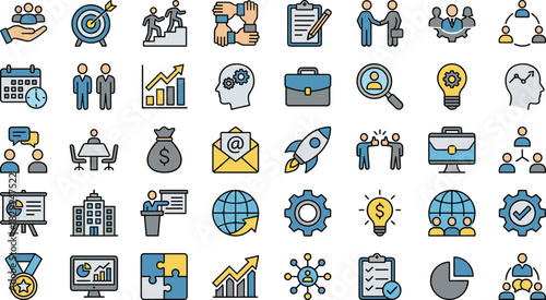 Business, Office, Productivity, Teamwork, Icon Set, Flat Design, Vector Illustration, Strategy, Innovation, Communication, Success, Planning, Growth